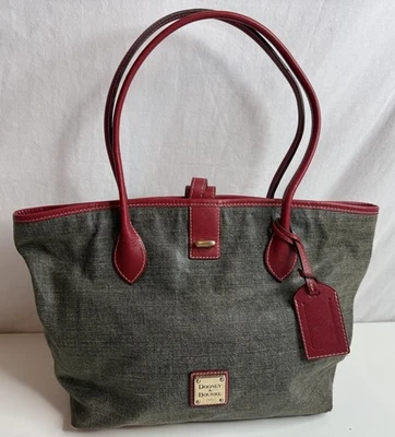"Bolso de Mano Dooney & Bourke Doble Asa Lona Recubierto Denim y Cuero 14""" Foto 1 de 4