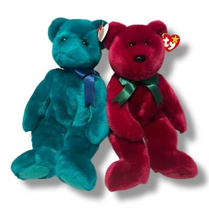 NWT 1998 & 2000 Beanie Babies 14" Buddy Bears Teal "Teddy" Cranberry & Teal - Imagen 1 de 6