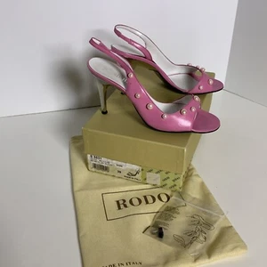 Vintage 90s Rodo Hot Pink Leather Pearl Embellished Stiletto Heels Size 39/ 6.5 - Picture 1 of 12