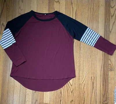 Burgundy Black Striped Raglan Sleeve Pullover Top Shirt Womens 2X Casual Preppy - Image 1 of 4