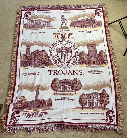 USC TROJANS LARGE WOVEN COMMEMORATIVE BLANKET  FRINGE RED GOLD 69 x 53 Football Cover