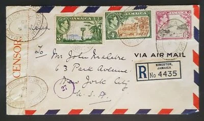 1940 Кингстон Ямайка - Нью-Йорк США Вторая мировая война Цензура Зарегистрированная авиапочта Обложка  - Изображение 1 из 2