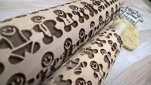 The Gingerbread Man Wooden Rolling Pin Laser Engraved Merry Christmas Pattern  - Picture 1 of 4