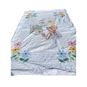 Handmade bear Jack-in-in the-Box cross stitch blanket quilt floral kids nursery - Picture 1 of 8