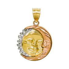 14K Tri-Color Gold Sun and Moon Charm Pendant, 0.77 Inches