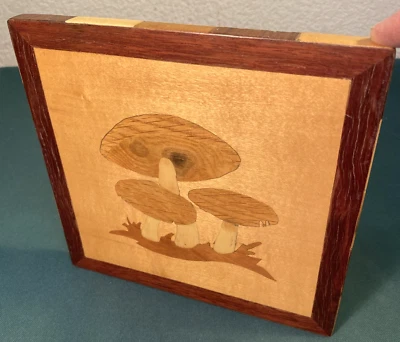 Vintage ~ PLACA DE SETAS CON INCRUSTACIÓN DE MADERA ~ Decoración del hogar Retro ~ Aprox. 7,75" X 7,75" Foto 1 de 4