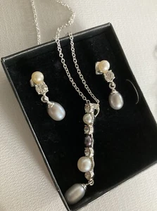 Silver Pearl Necklace With Earrings Blue White Grey Pearls - Picture 1 of 11