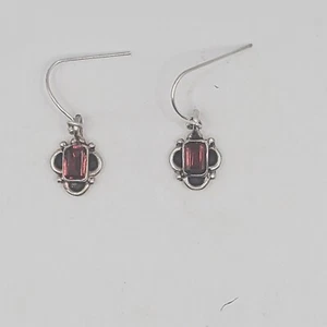 Solid Sterling Silver Genuine Garnet Dangle Earrings Mark 925 - Picture 1 of 7