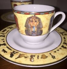 Vintage 24K Gold Overlay Porcelain Egyptian Souvenir Cup & Saucer Set Of 6 RARE