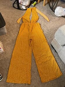 Shein Size Large Canary Yellow and White Polka Dot Backless Jumpsuit