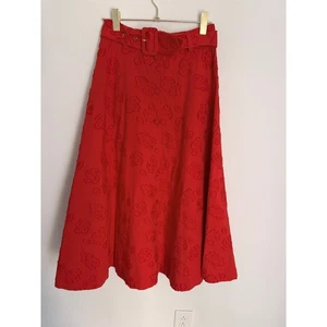 Maeve Anthropologie Sandra Red Floral Textured Midi Skirt with Belt Size 4 - Picture 1 of 7