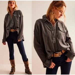 Free People Luxe Velour Shirt Slouchy Oversized Fit Gray Women's Medium NWT - Picture 1 of 5