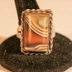silver agate rectangle cabcochan ring size 9 - Picture 1 of 6