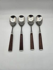 4 Dansk Designs WOOD ACCENT Soup Spoons Teak Handles Mid-Century - Picture 1 of 5