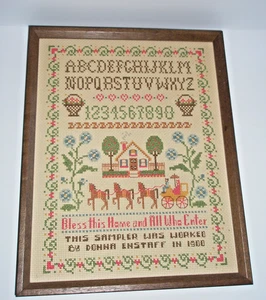 Vintage Crosstitch Sampler Finished Handmade 1900 Framed Country Alphabet Number - Picture 1 of 6
