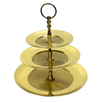 Three Tier Brass Colored Aluminum MCM Decorative Dessert Cake Appetizer Stand - Image 1 of 4