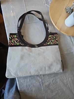 Bolso de Mano Grande Avon Mezcla de Lino Cuentas Bronceado, Con Bolsa Antipolvo Original, Nuevo. Foto 1 de 4