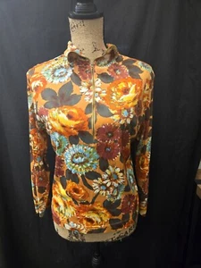 VTG Autumnal Floral Print Half Zip Tagless Stretchy Long Sleeve Top Size L - Picture 1 of 9