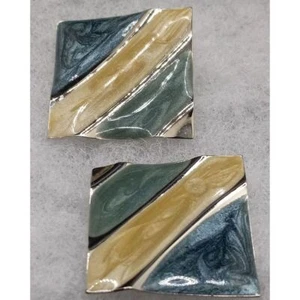 Vintage Green Gold Black Enamel Post Earrings 1"x1" Wavy Square Silver Tone - Picture 1 of 7