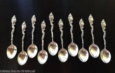 Set of (10) Vintage .830 Silver Figural Demitasse Coffee Spoons SWEDEN Foto 1 de 4