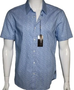 Michael Kors Men's Slim-Fit Field Print Short-Sleeve Blue Button Down Shirt Sm - Picture 1 of 10