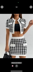 Houndstooth Cropped Black & White Skirt Suit Set Petite Large Bodycon - Picture 1 of 3