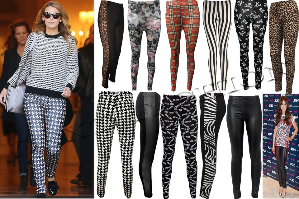 WOMEN'S LADIES FULL LENGTH MULTI PRINT LEGGINGS STRETCH CASUAL PANTS SIZE 8-26 - Image 1 of 1