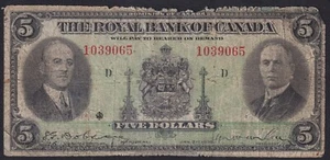1935 Royal Bank of Canada $5 - Serial Number 1039065 - Cat#630-18-02a Large Sig - Picture 1 of 2
