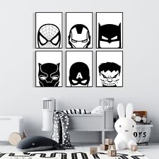 Superhero Wall Prints Poster Art Black and White Kids Bedroom Comic Childrens