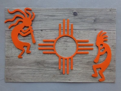 Kokopelli Pair & Zia Plasma Cut Metal Wall Art 8" Tall Orange Finish - Image 1 of 4