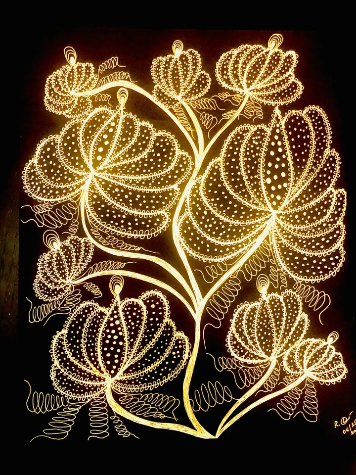 Flowers Pen Art Print - 10x14", gold and black  - Image 1 of 1