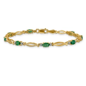 10K Solid Yellow Gold Diamond Emerald Tennis Bracelet - Picture 1 of 12