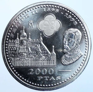 1998 SPAIN JUAN CARLOS I Philip II & Escorial Silver 2000 Pesetas Coin i114668 - Picture 1 of 2