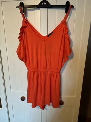 NEW LOOK Short Playsuit Size 10 Orange Jersey Cold Shoulder Ruffle Trim NEW - Image 1 of 4