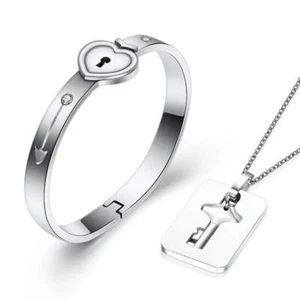 Titanium Steel Lock Bangle Bracelet with Key Pendant Necklace for Couples - Picture 1 of 6