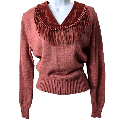 Vintage 70s Western Fringe Sweater L Knit Suede Pig Leather Beaded Red Miller - Image 1 of 4