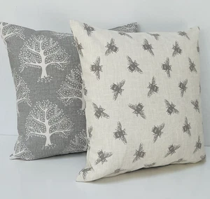 Pair of Dove Grey Bee and Oak Tree Fabric Linen Look Geometric Cushion Covers - Picture 1 of 5