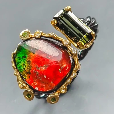 Handmade 7 ct+ Natural Ammolite Ring 925 Sterling Silver Size 8.5 /R440047 - Image 1 of 4