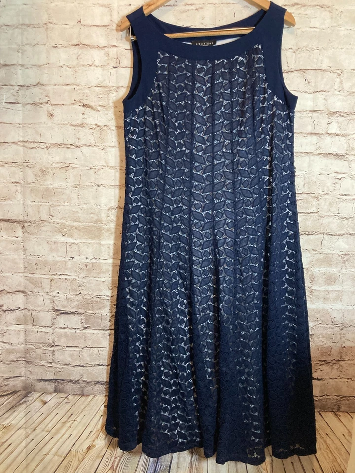 Vestido midi Perceptions para mujer 14 azul marino superpuesto de malla midi fluido Foto 1 de 4