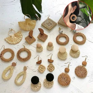 Temperament Wooden Straw Rattan Woven Earrings Geometric Dangle Ear Stud Jewelr^ - Picture 1 of 30