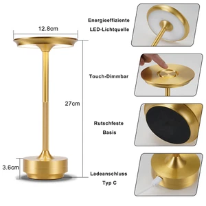 3W Kabellos LED Tischlampe Akku Touch Dimmbar Nachttischlampe USB Aufladbar Gold - Bild 1 von 8