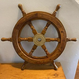 NAUTICAL BRASS 12'' FINISHING WOODEN WHEEL HANDMADE GIFT SHIP SEA WALL DECOR - Picture 1 of 6