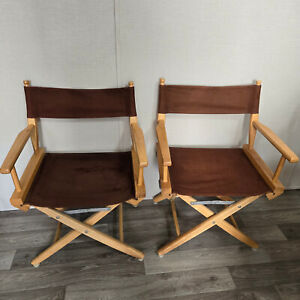 Vintage Set 2 Canvas Folding Director’s Chairs Wooden Frame Captains Chairs