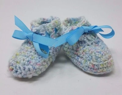 Handmade Knitted Baby Boys Booties with Blue Ribbon - Image 1 of 2