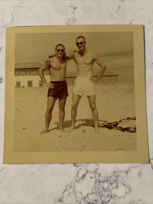 Vtg - Two Men in swim suits Sunbathers- Ocean City Beach 1954 Sepia 3.5” - Image 1 of 4