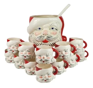 Vtg 1950s Mallory Jamar Ceramic Christmas Santa Claus Punch Bowl 12 Mugs Ladle - Picture 1 of 24