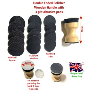 Hand Polisher Double Ended Wooden Handle with Abrasive Pads Grit 100, 180, 300 - Picture 1 of 4