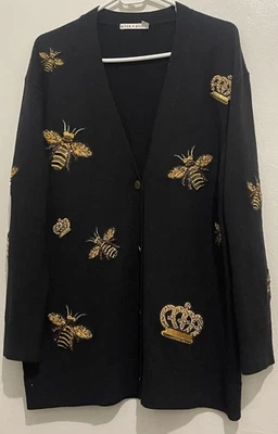Alice + Olivia Bradford Bee Crown Cardigan Sweater Embroidered Black Gold Medium - Image 1 of 4