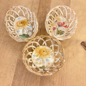 3 Miniature Open Weave Porcelain Baskets Trinket dishes w Painted Flowers Gilt - Picture 1 of 10