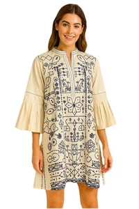 Khaadi Embroidered Cotton Kurta Tunic Off-White/Navy Pleated Cuffs NWT US M - Picture 1 of 9